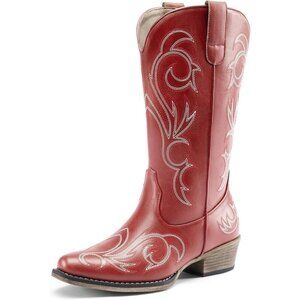 Dream Pairs Women's Red Mid Calf Cowgirl Boots Square Toe Chunky Heel Shoes